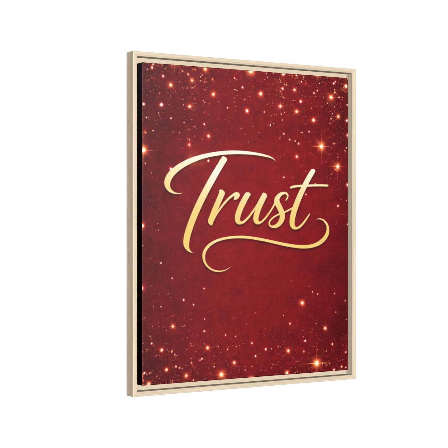 Trust Framed Canvas Wall Art — Gold Script on Sparkling Red Matte
