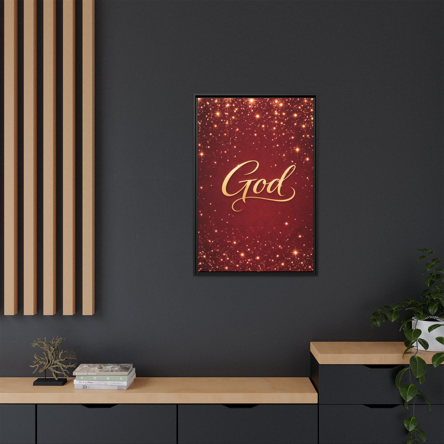 Framed Canvas Wall Art - "God" Gold Script on Red Sparkle Background
