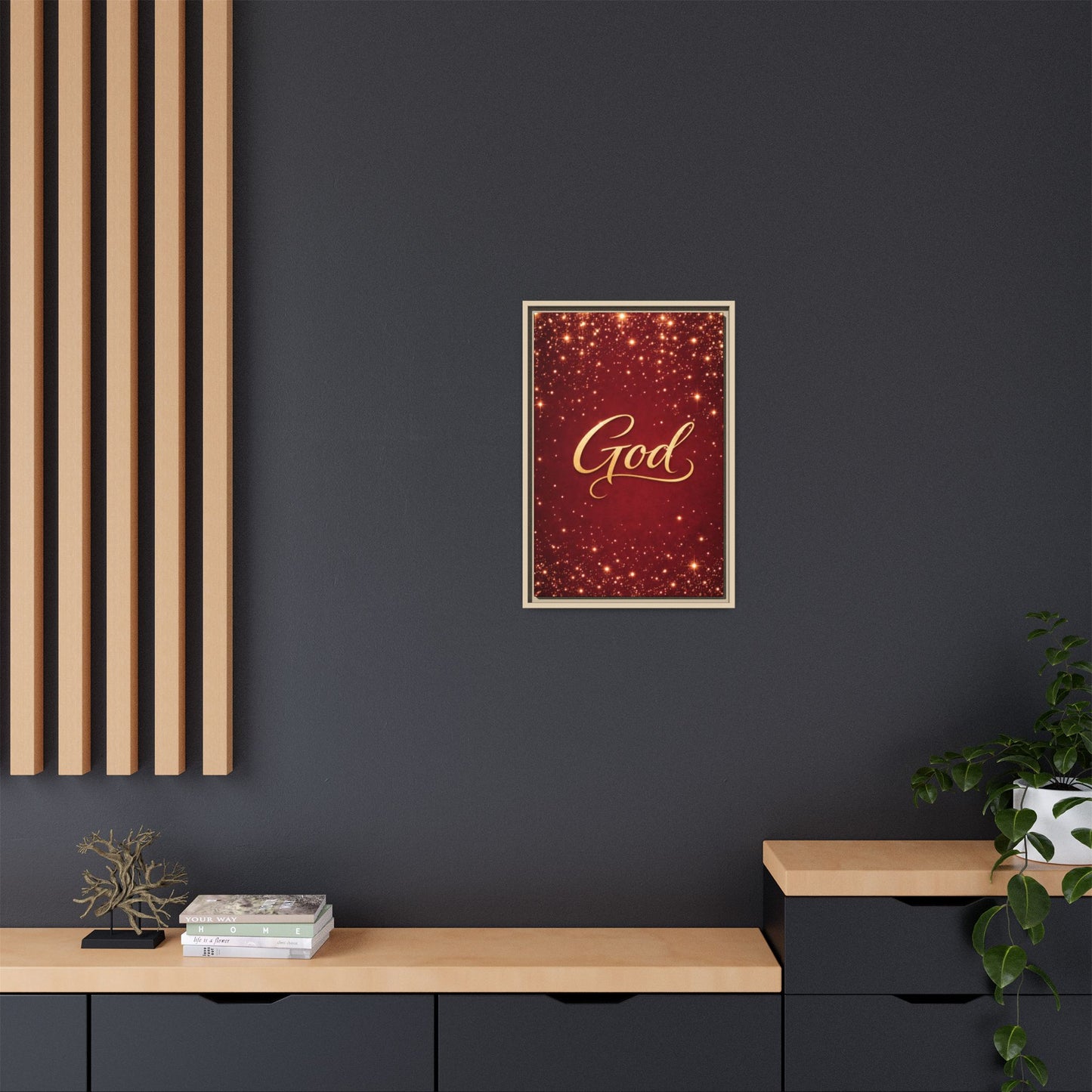 Framed Canvas Wall Art - "God" Gold Script on Red Sparkle Background