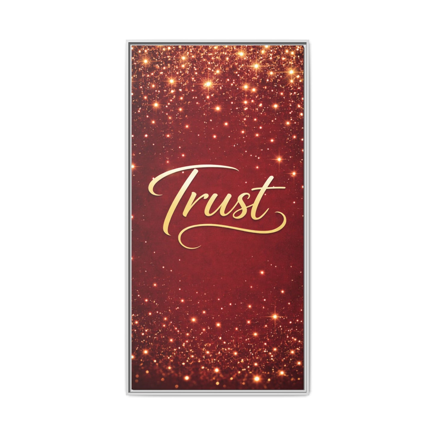 Trust Framed Canvas Wall Art — Gold Script on Sparkling Red Matte