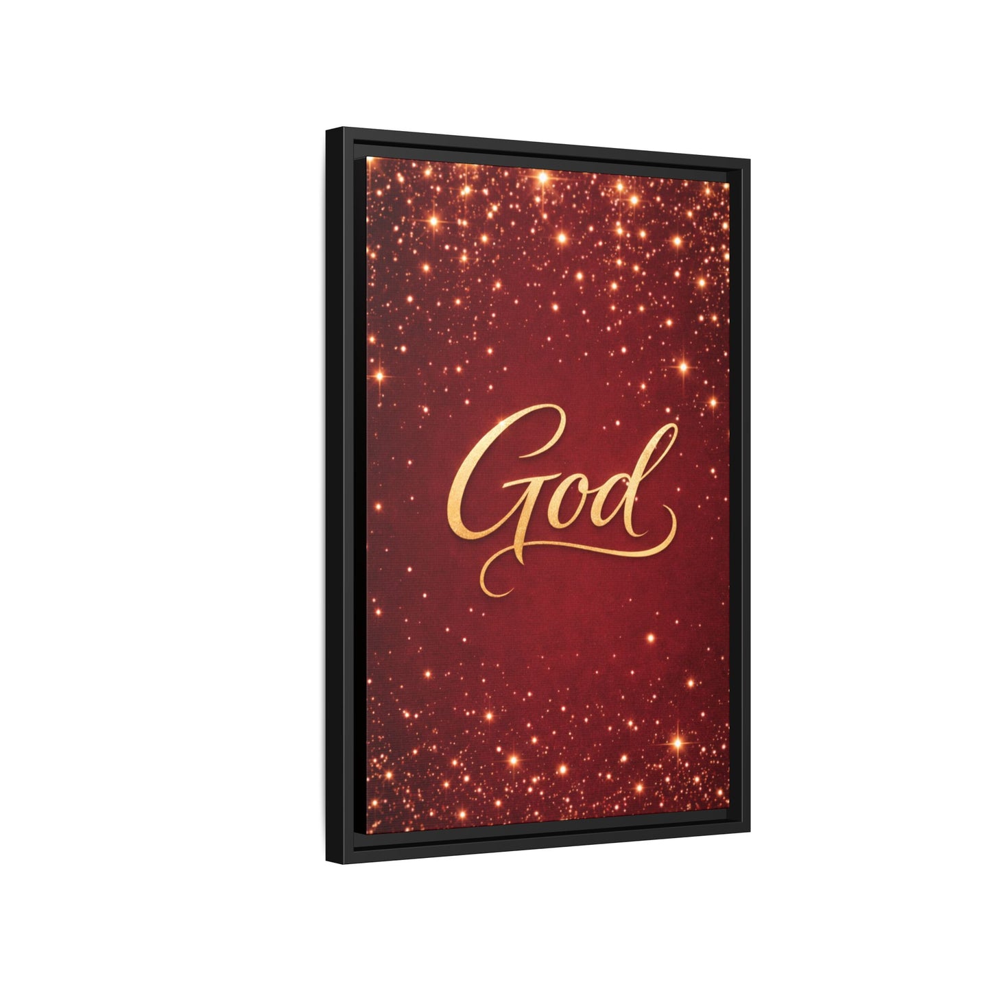 Framed Canvas Wall Art - "God" Gold Script on Red Sparkle Background