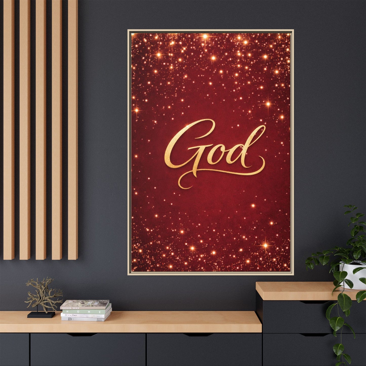 Framed Canvas Wall Art - "God" Gold Script on Red Sparkle Background