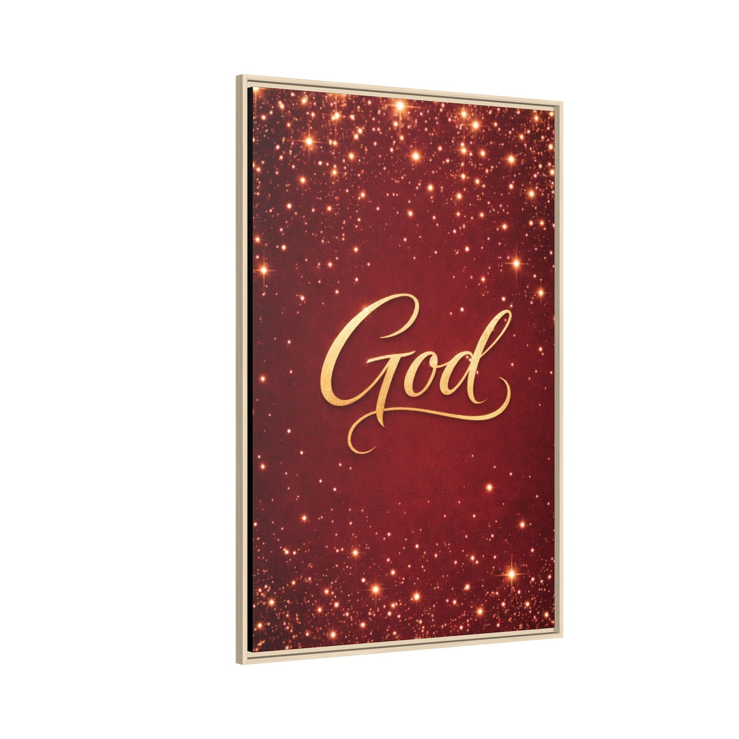 Framed Canvas Wall Art - "God" Gold Script on Red Sparkle Background