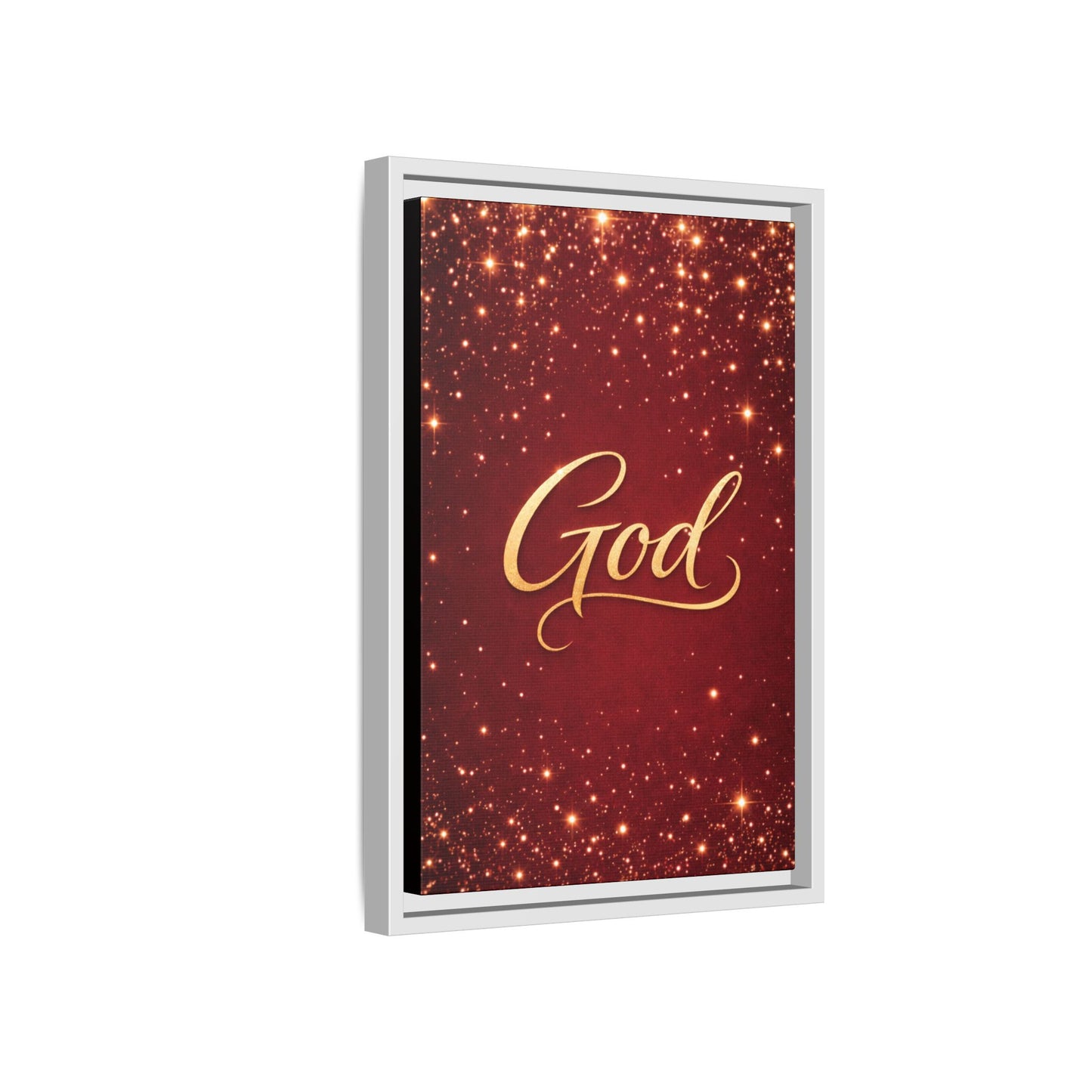 Framed Canvas Wall Art - "God" Gold Script on Red Sparkle Background