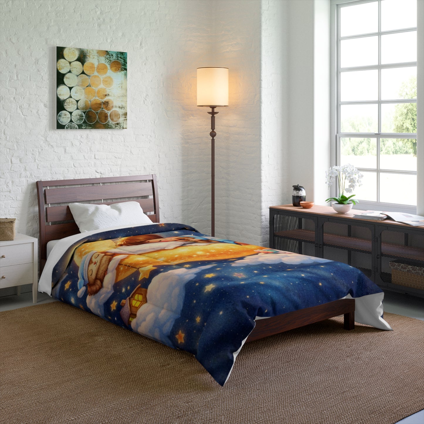 Sleeping Child on Moon comforter | Cute Nursery Starry Night Bedding