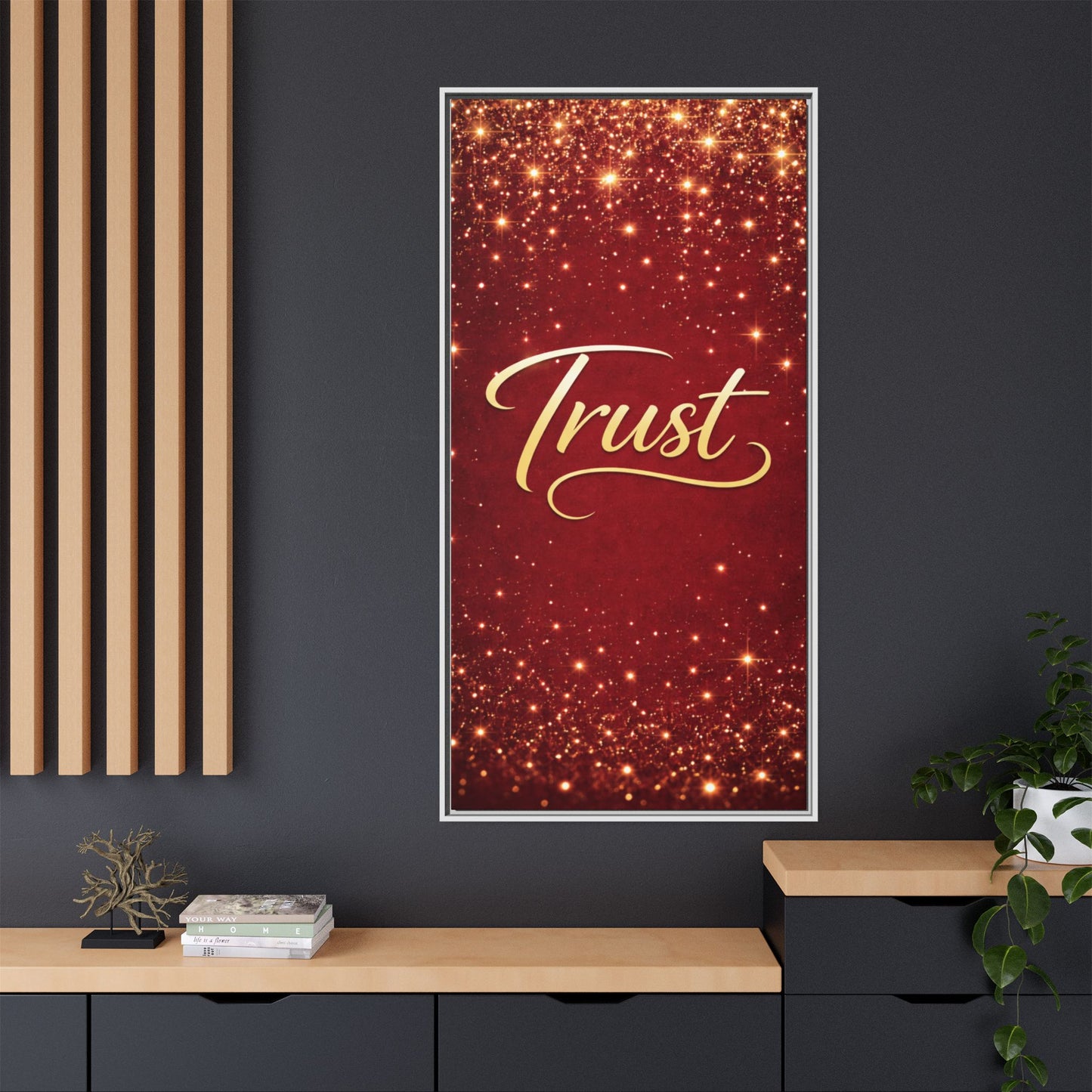 Trust Framed Canvas Wall Art — Gold Script on Sparkling Red Matte