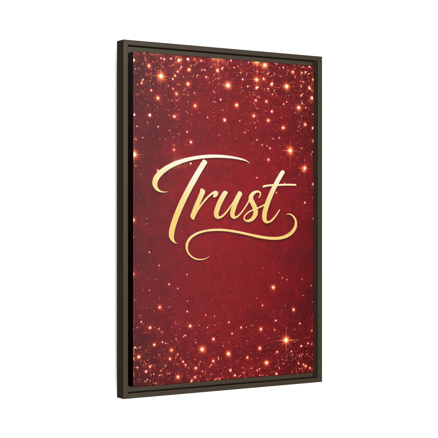 Trust Framed Canvas Wall Art — Gold Script on Sparkling Red Matte