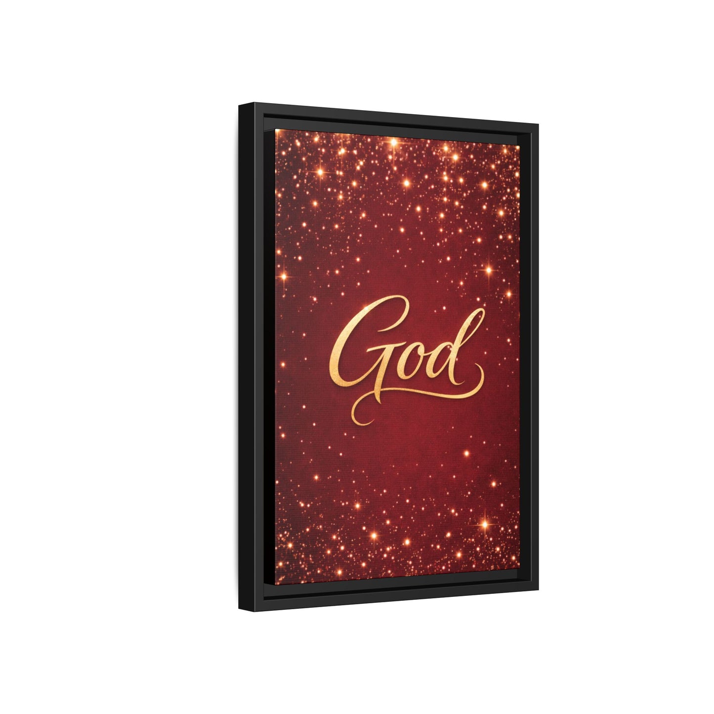 Framed Canvas Wall Art - "God" Gold Script on Red Sparkle Background