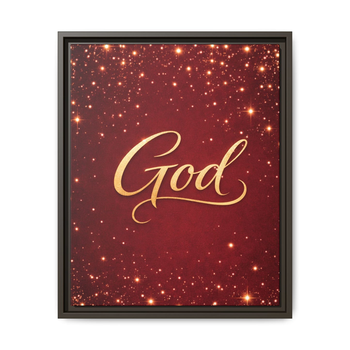 Framed Canvas Wall Art - "God" Gold Script on Red Sparkle Background