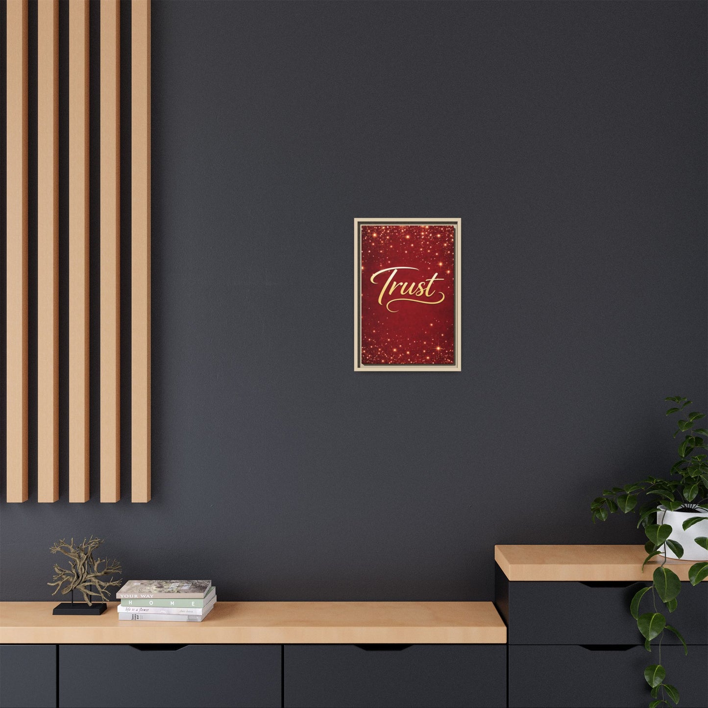 Trust Framed Canvas Wall Art — Gold Script on Sparkling Red Matte