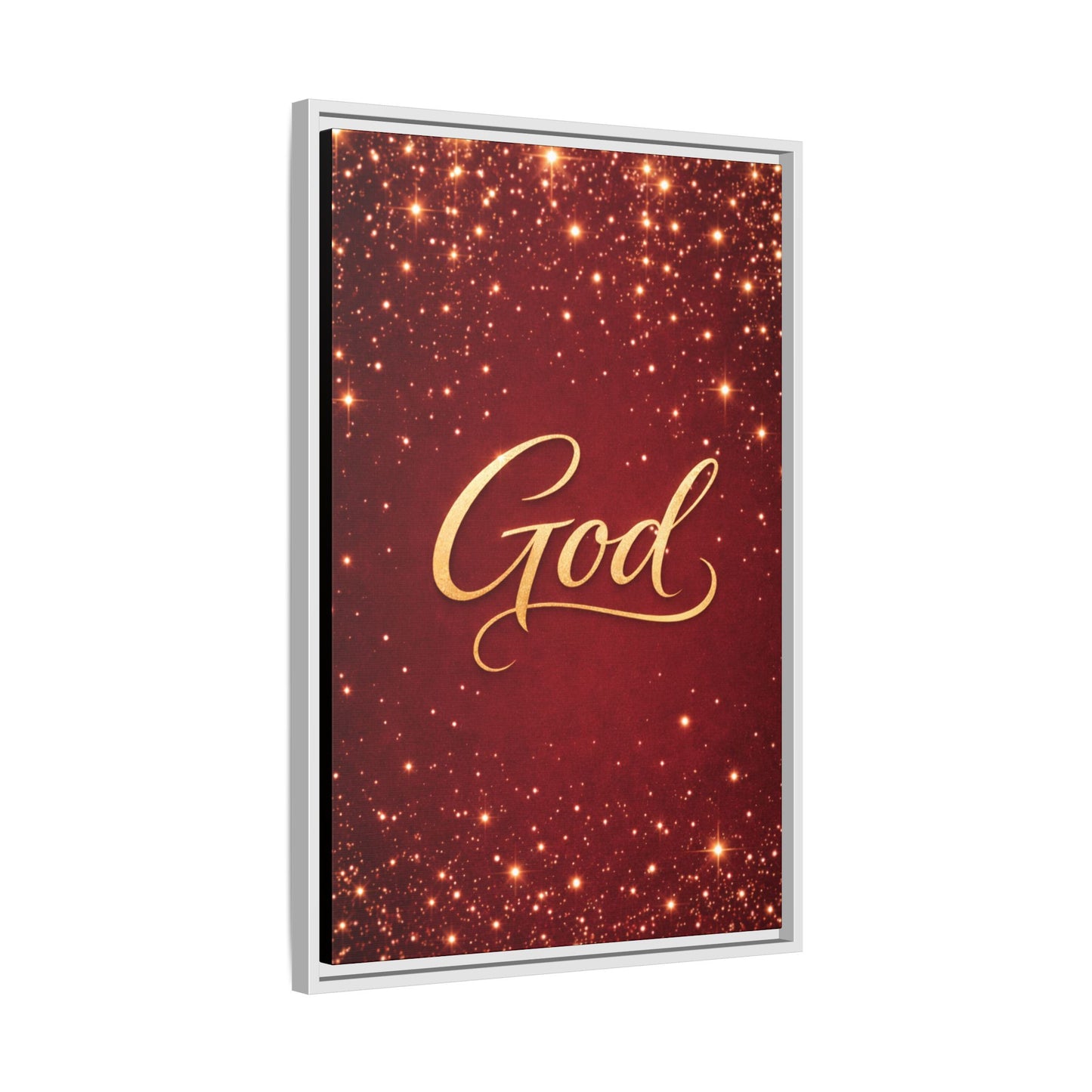 Framed Canvas Wall Art - "God" Gold Script on Red Sparkle Background
