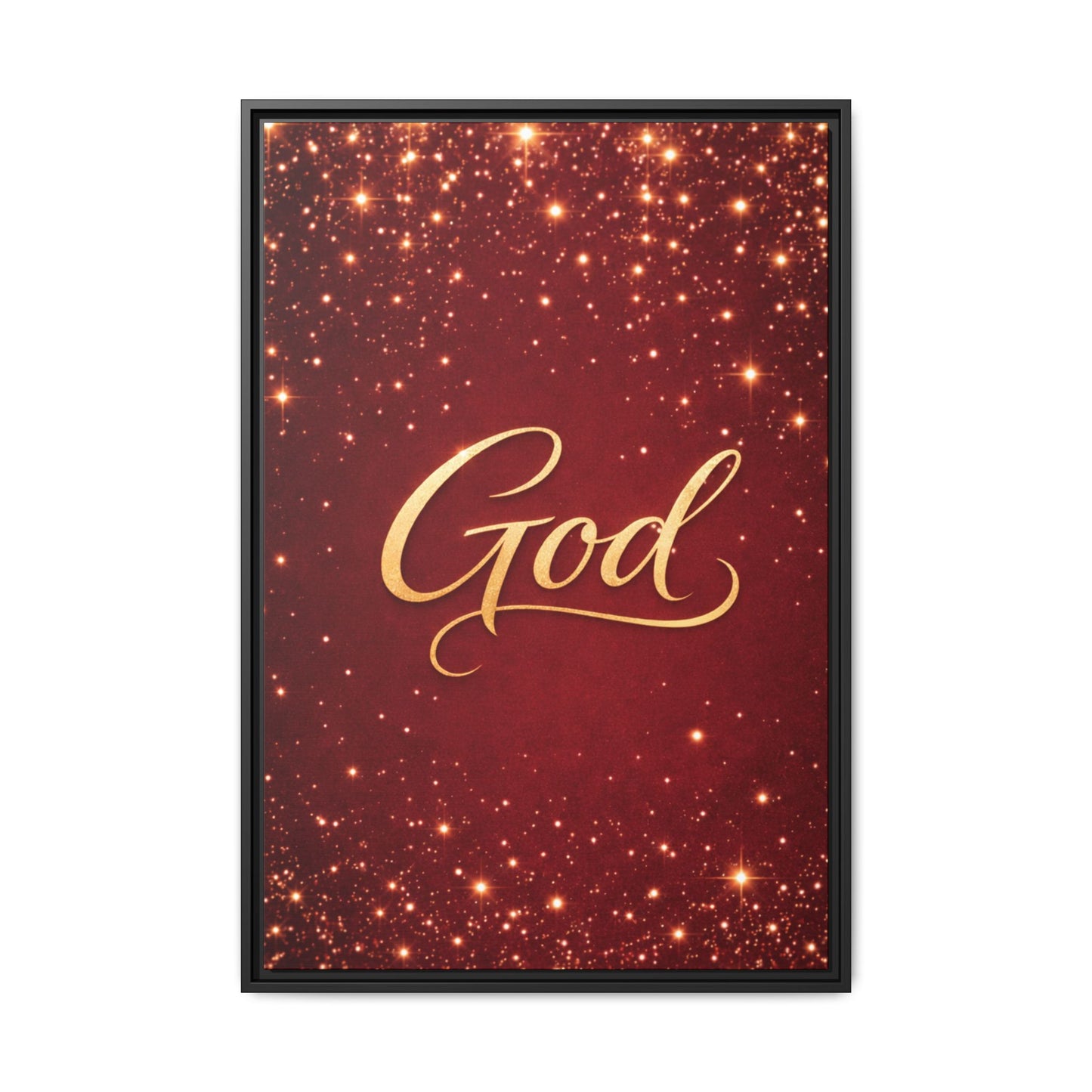 Framed Canvas Wall Art - "God" Gold Script on Red Sparkle Background