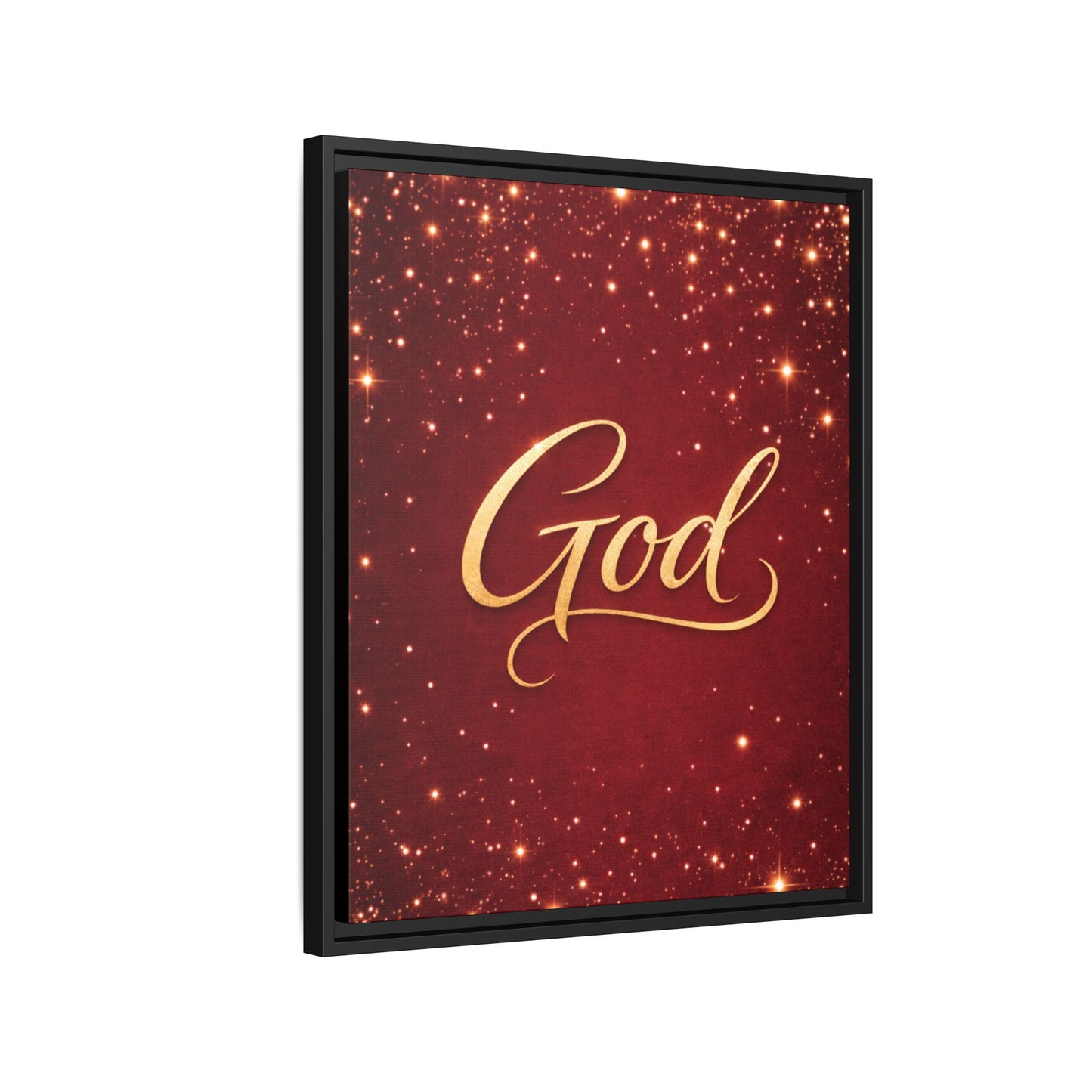Framed Canvas Wall Art - "God" Gold Script on Red Sparkle Background