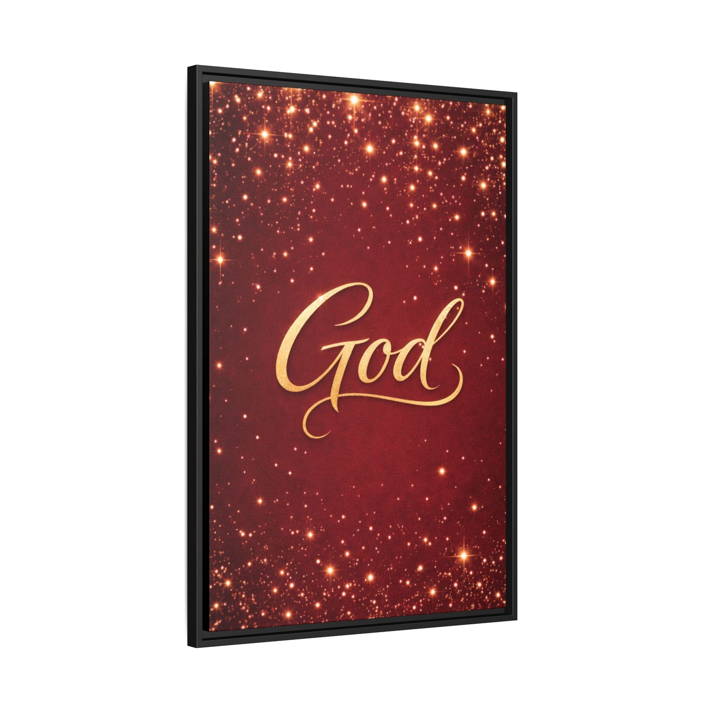 Framed Canvas Wall Art - "God" Gold Script on Red Sparkle Background