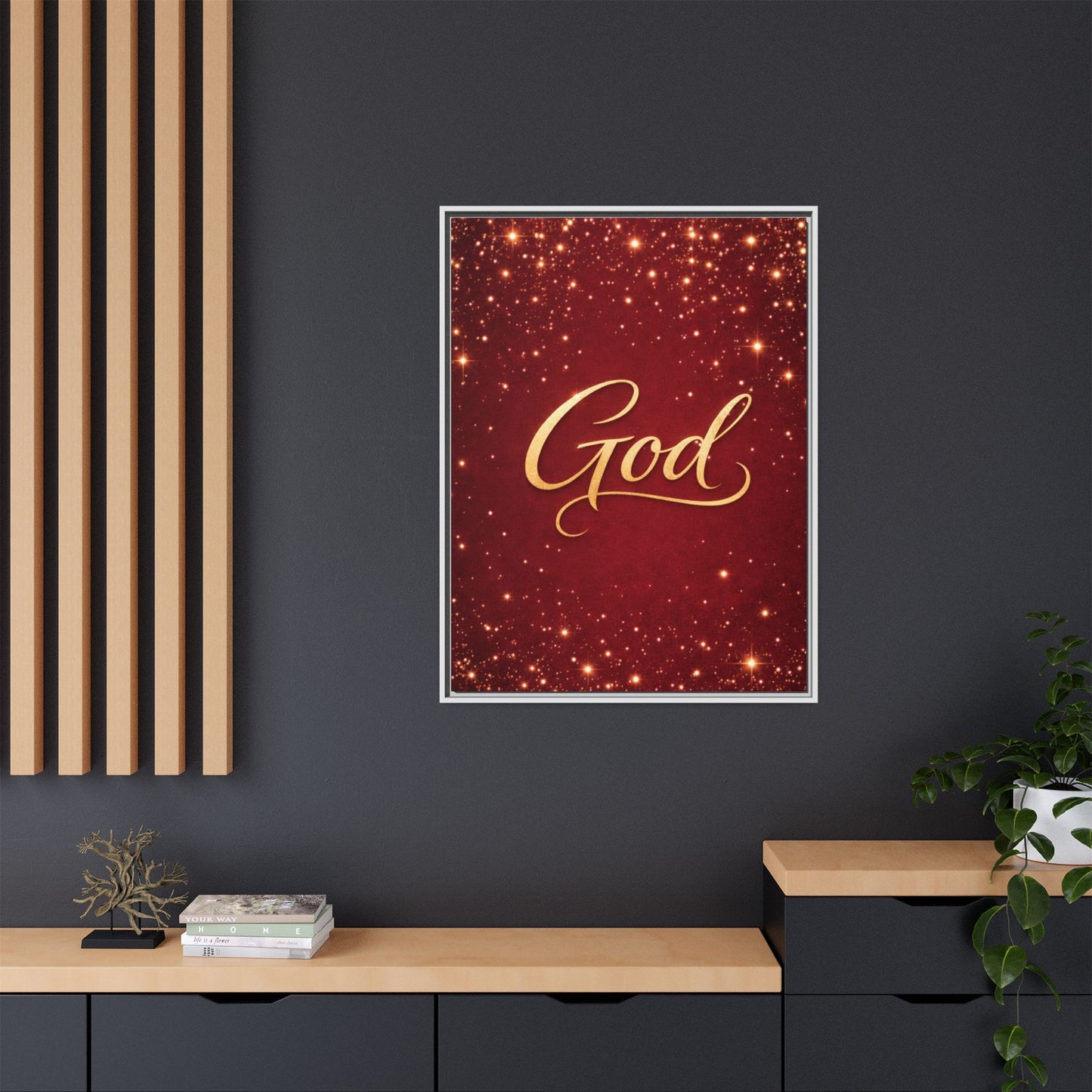 Framed Canvas Wall Art - "God" Gold Script on Red Sparkle Background