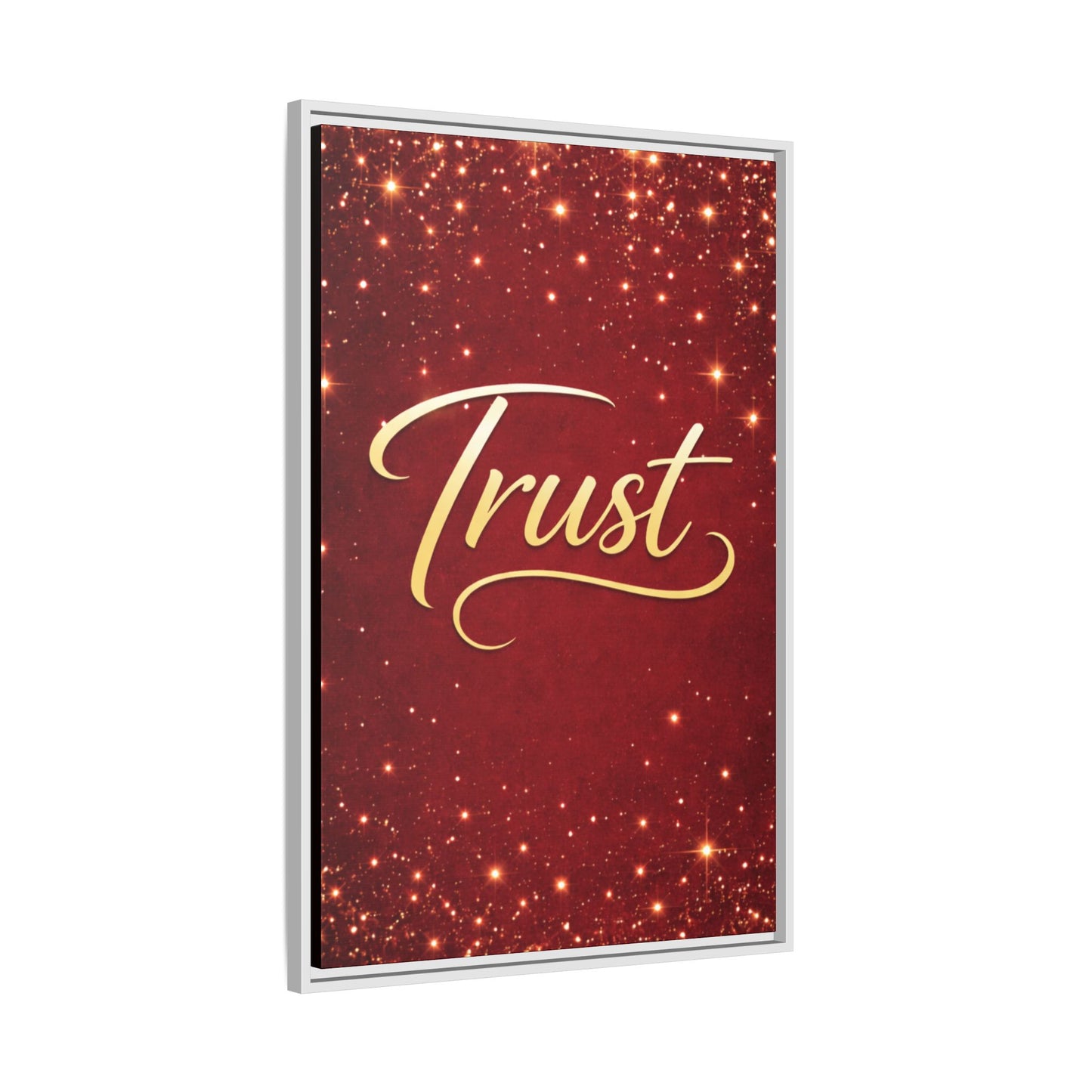 Trust Framed Canvas Wall Art — Gold Script on Sparkling Red Matte