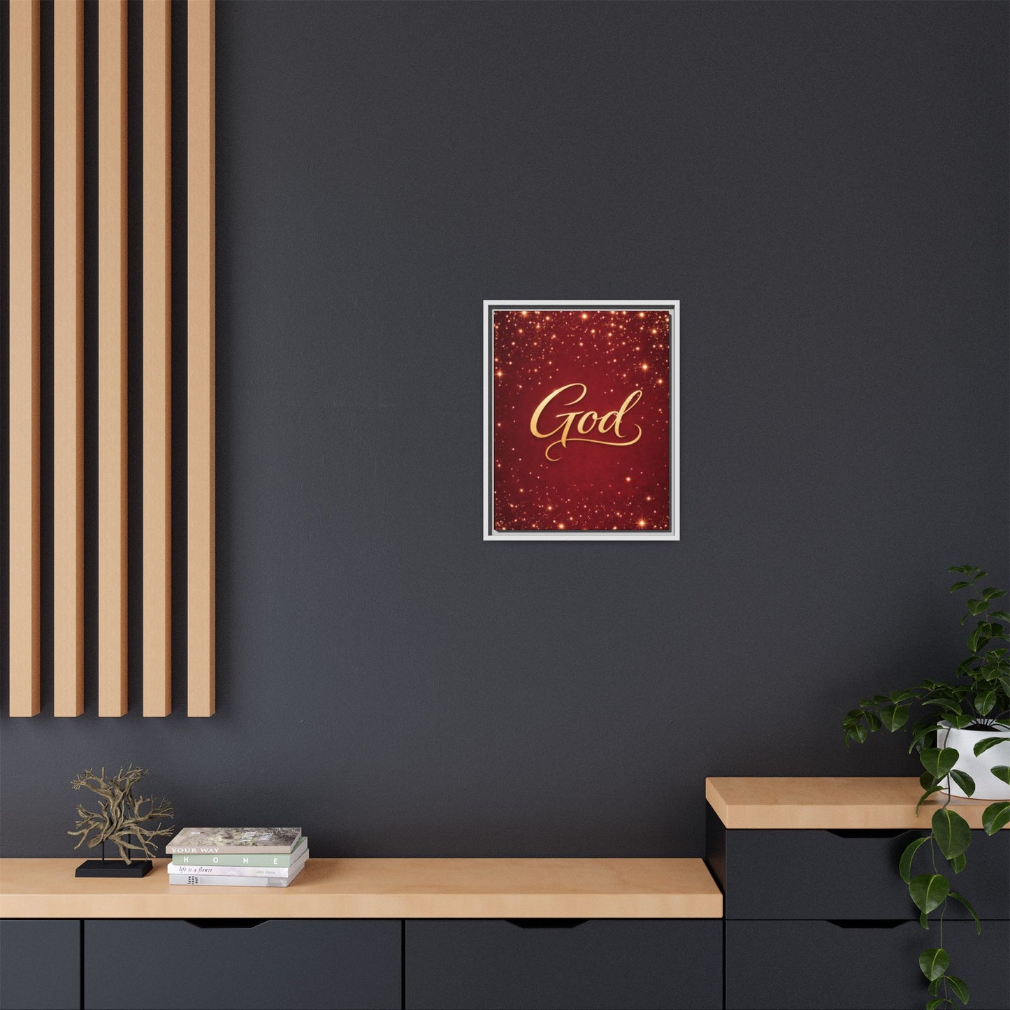 Framed Canvas Wall Art - "God" Gold Script on Red Sparkle Background