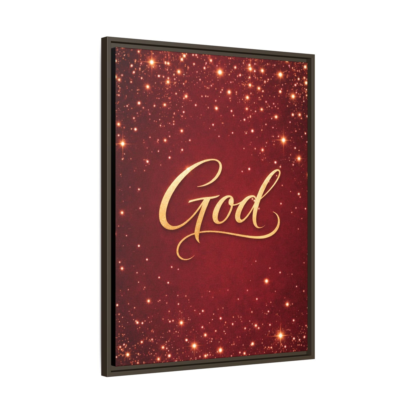Framed Canvas Wall Art - "God" Gold Script on Red Sparkle Background