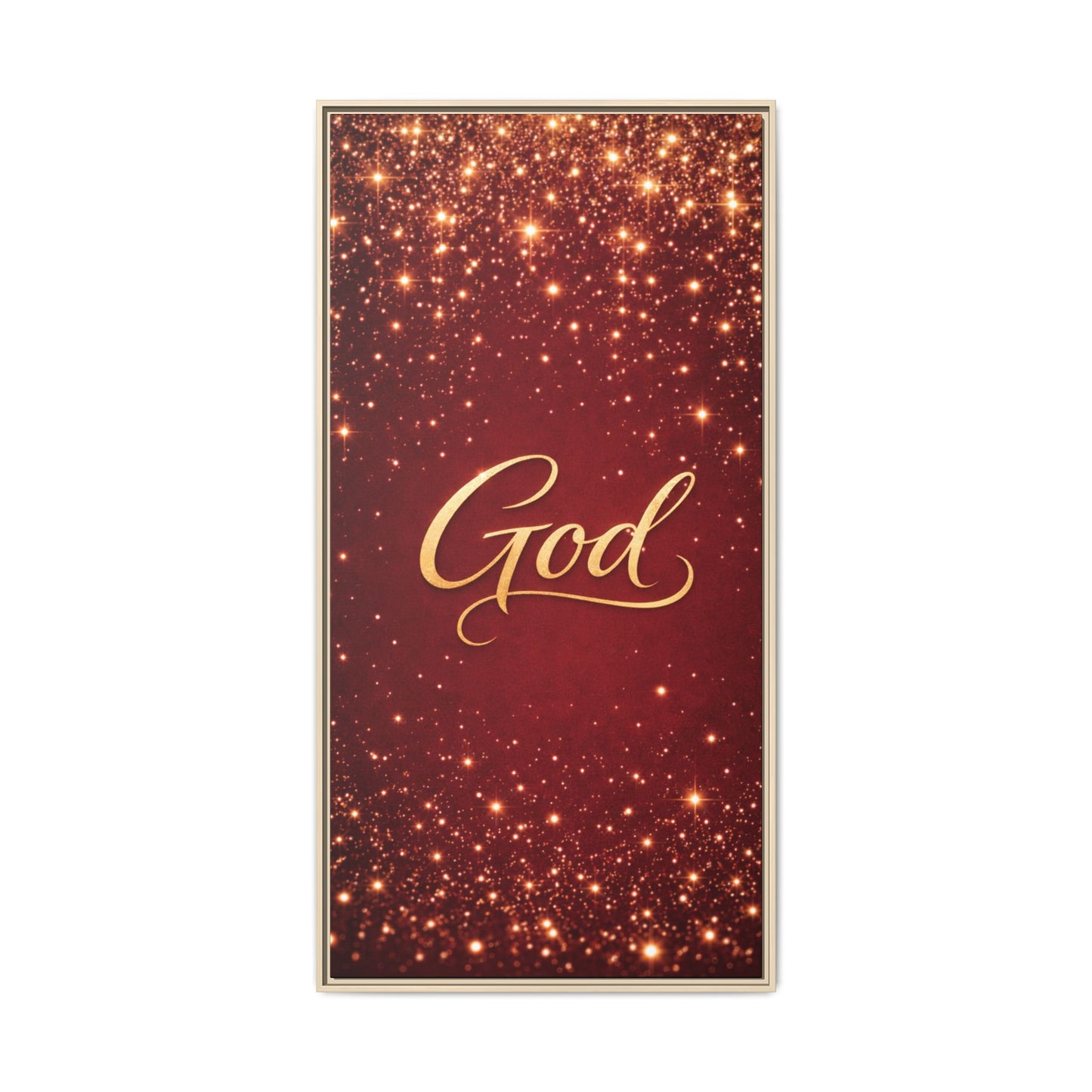 Framed Canvas Wall Art - "God" Gold Script on Red Sparkle Background