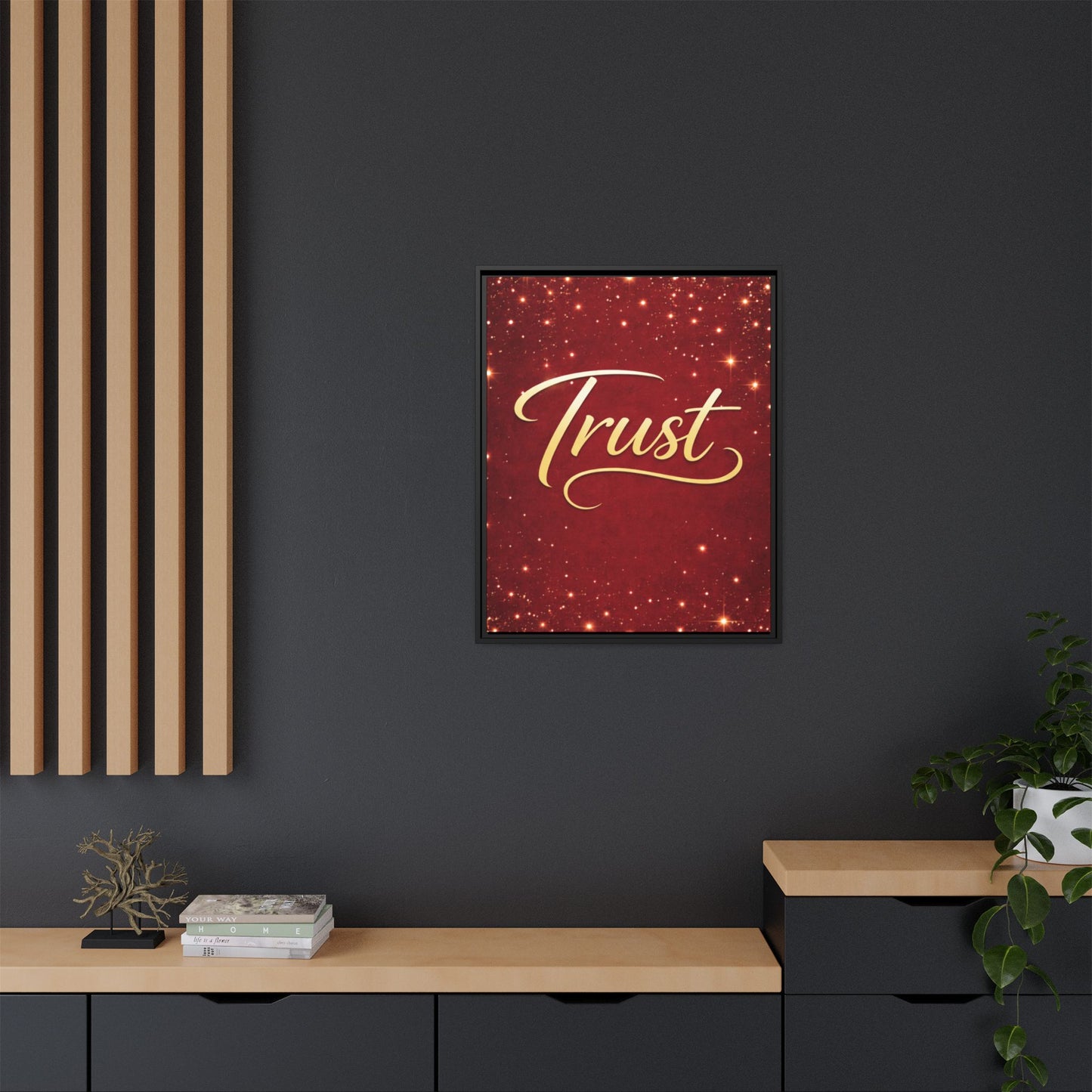 Trust Framed Canvas Wall Art — Gold Script on Sparkling Red Matte