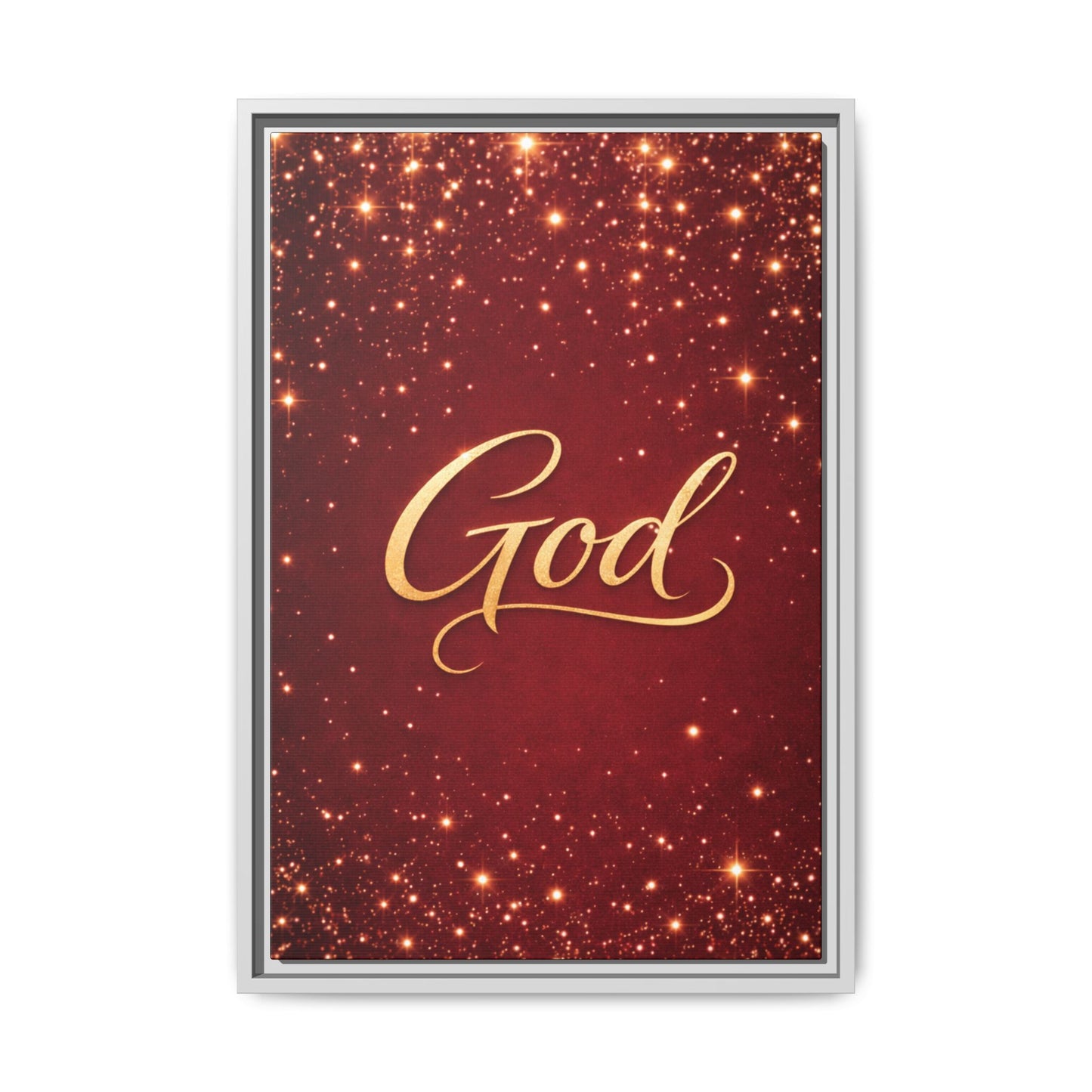 Framed Canvas Wall Art - "God" Gold Script on Red Sparkle Background