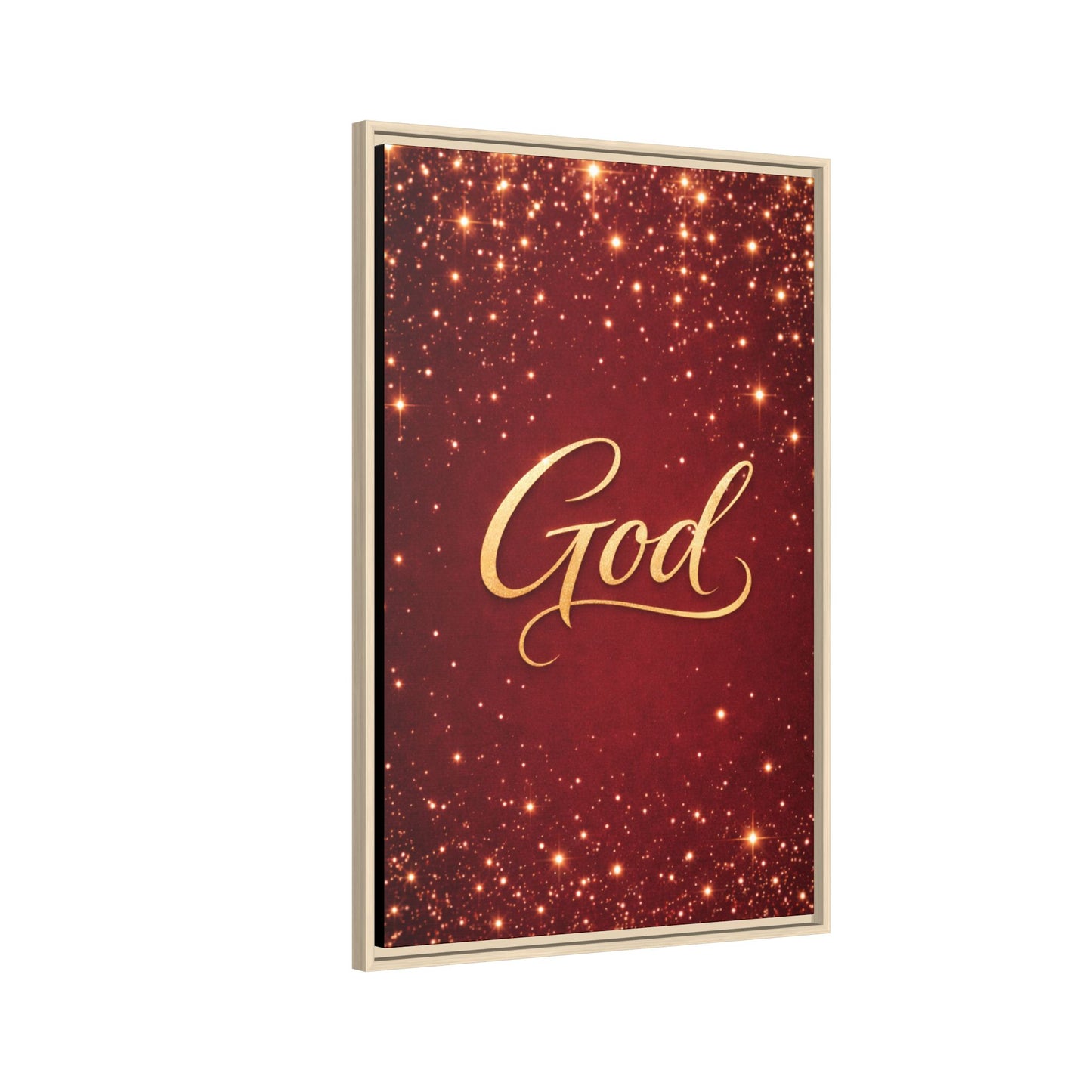 Framed Canvas Wall Art - "God" Gold Script on Red Sparkle Background