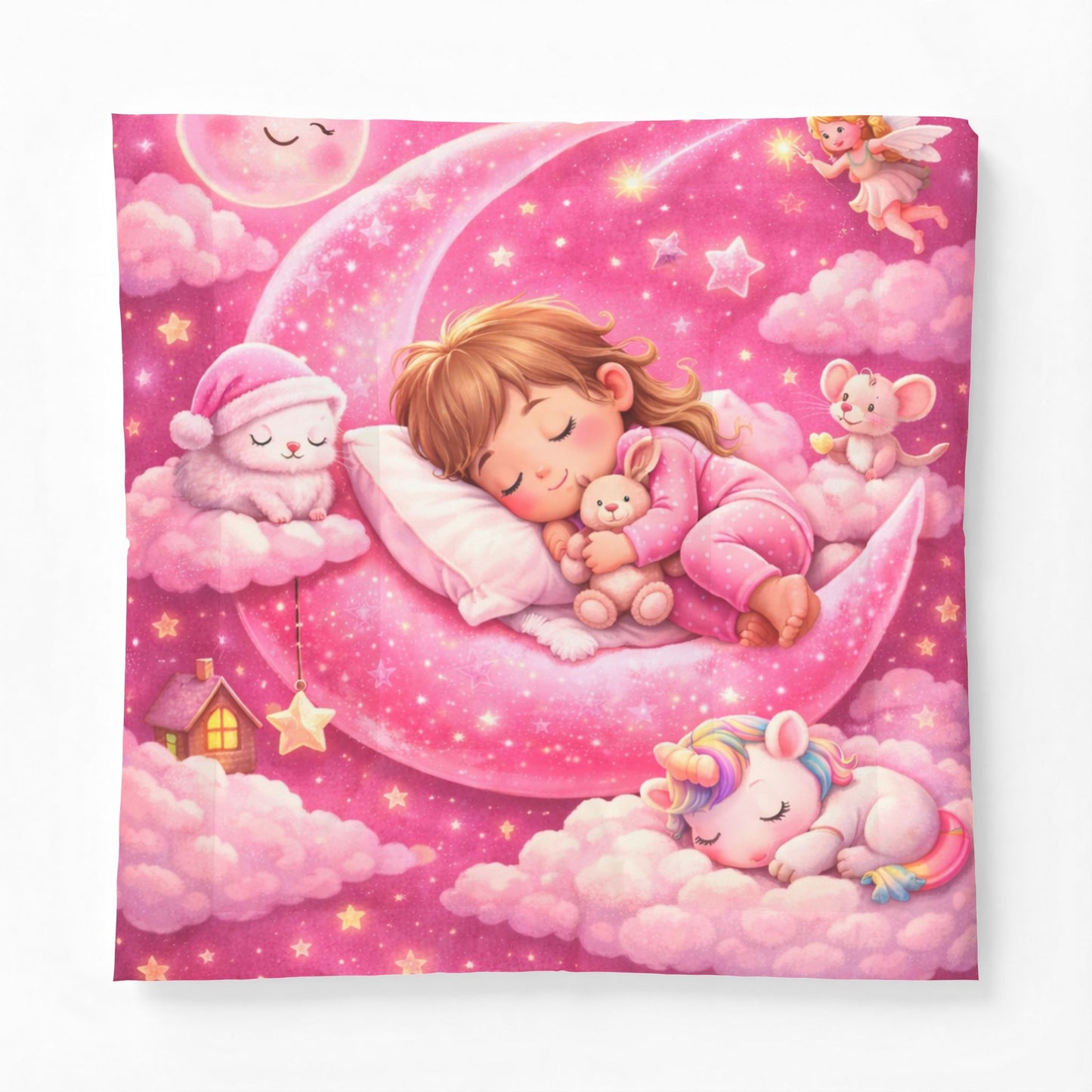 Sleeping Girl on Moon comforter | Pink Unicorn Cloud Nursery blanket