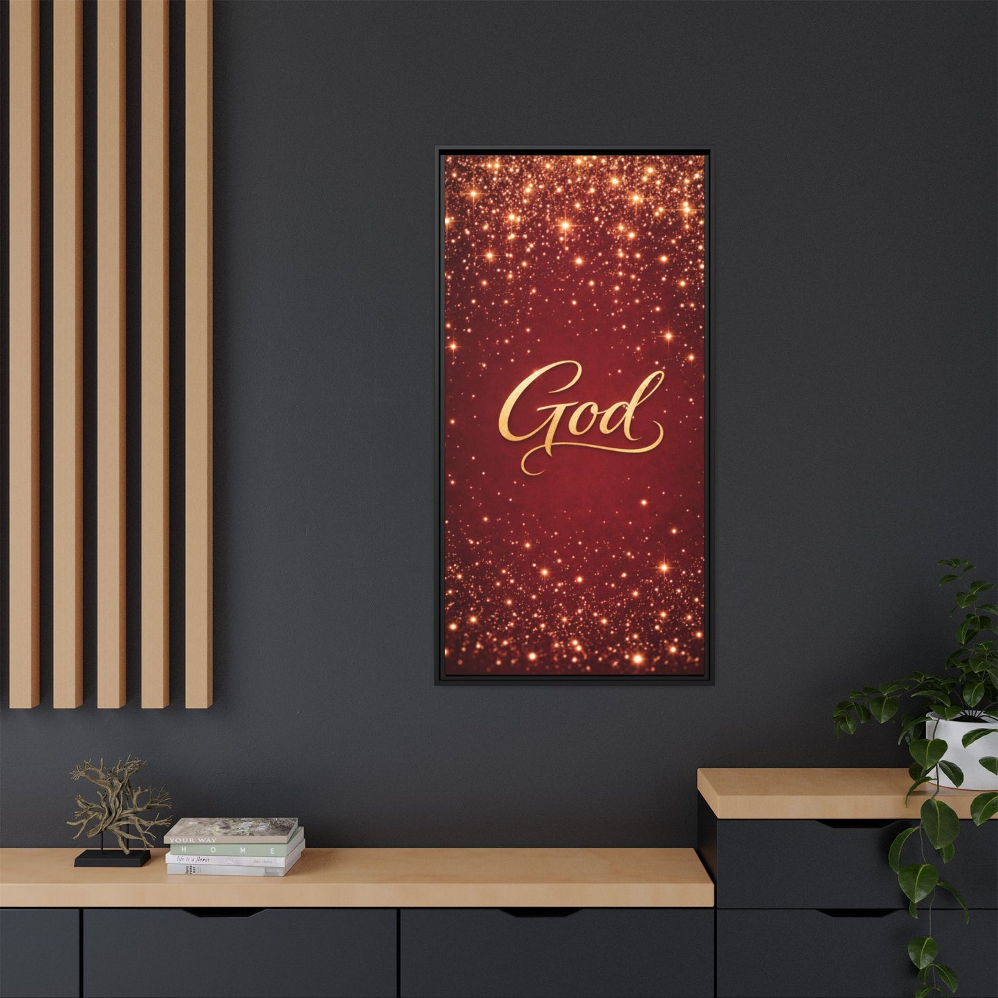 Framed Canvas Wall Art - "God" Gold Script on Red Sparkle Background