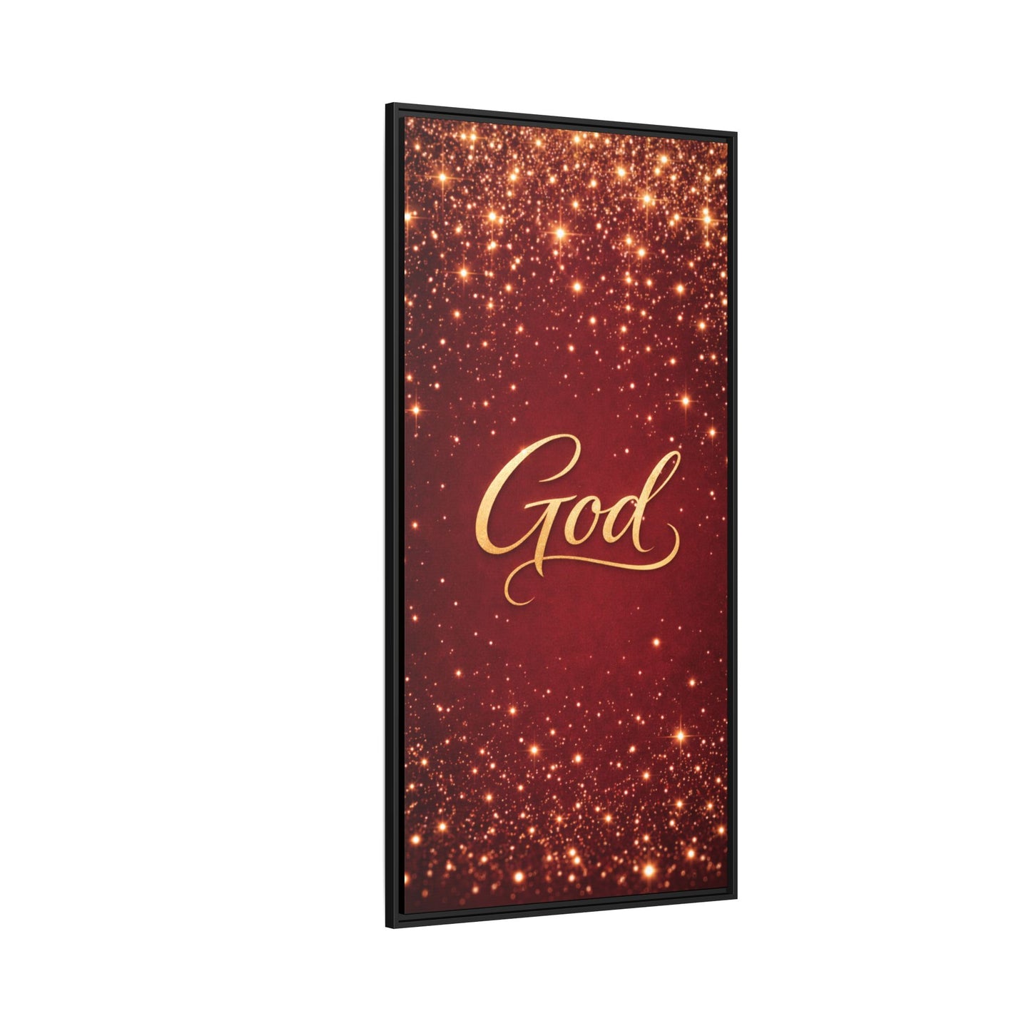Framed Canvas Wall Art - "God" Gold Script on Red Sparkle Background