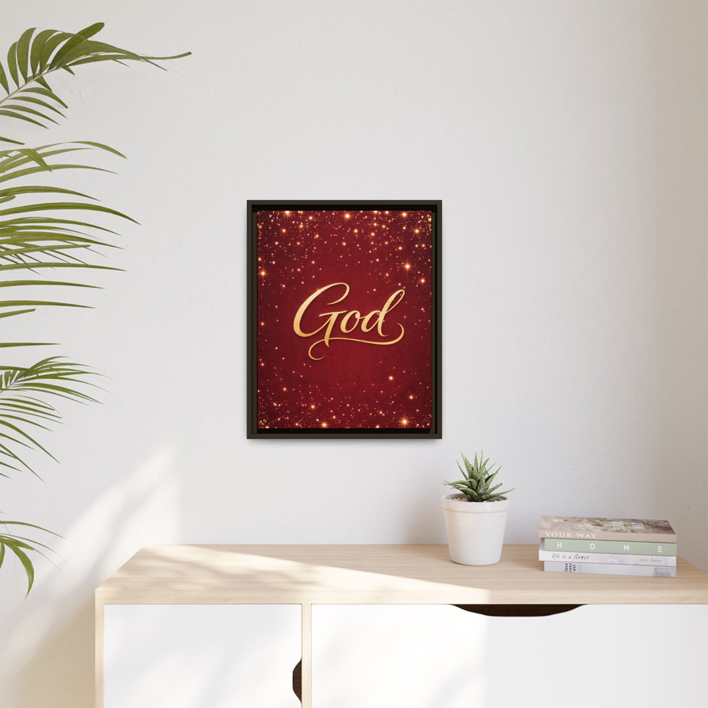 Framed Canvas Wall Art - "God" Gold Script on Red Sparkle Background