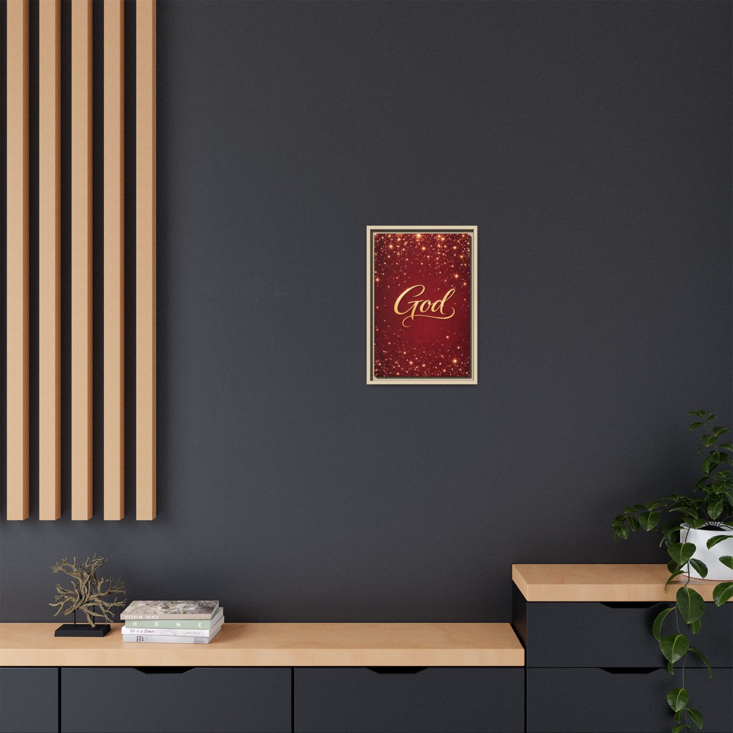 Framed Canvas Wall Art - "God" Gold Script on Red Sparkle Background
