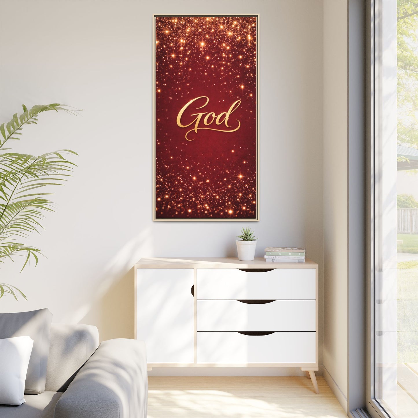 Framed Canvas Wall Art - "God" Gold Script on Red Sparkle Background