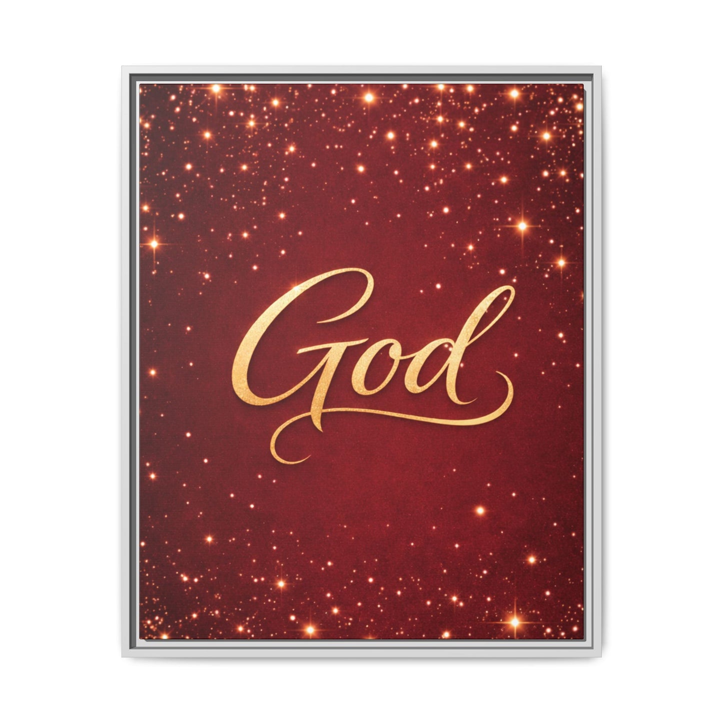 Framed Canvas Wall Art - "God" Gold Script on Red Sparkle Background