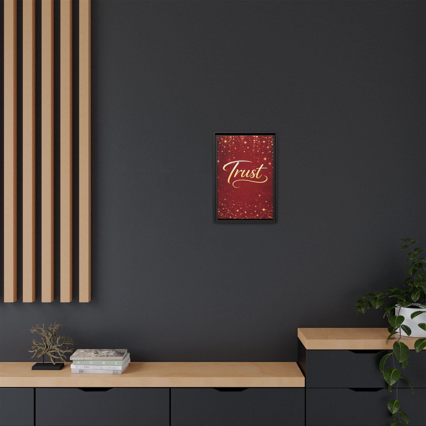 Trust Framed Canvas Wall Art — Gold Script on Sparkling Red Matte