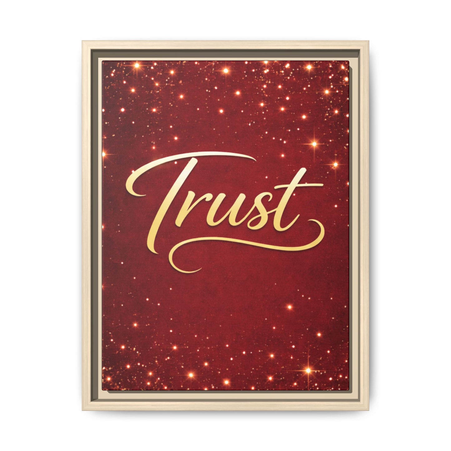 Trust Framed Canvas Wall Art — Gold Script on Sparkling Red Matte
