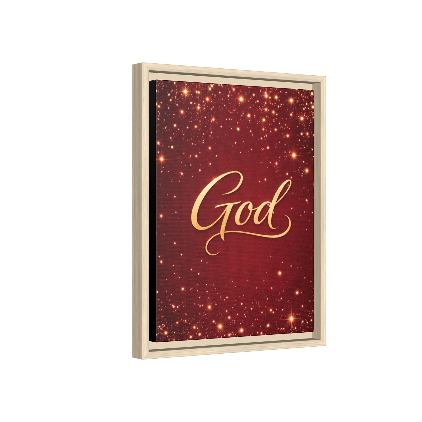 Framed Canvas Wall Art - "God" Gold Script on Red Sparkle Background