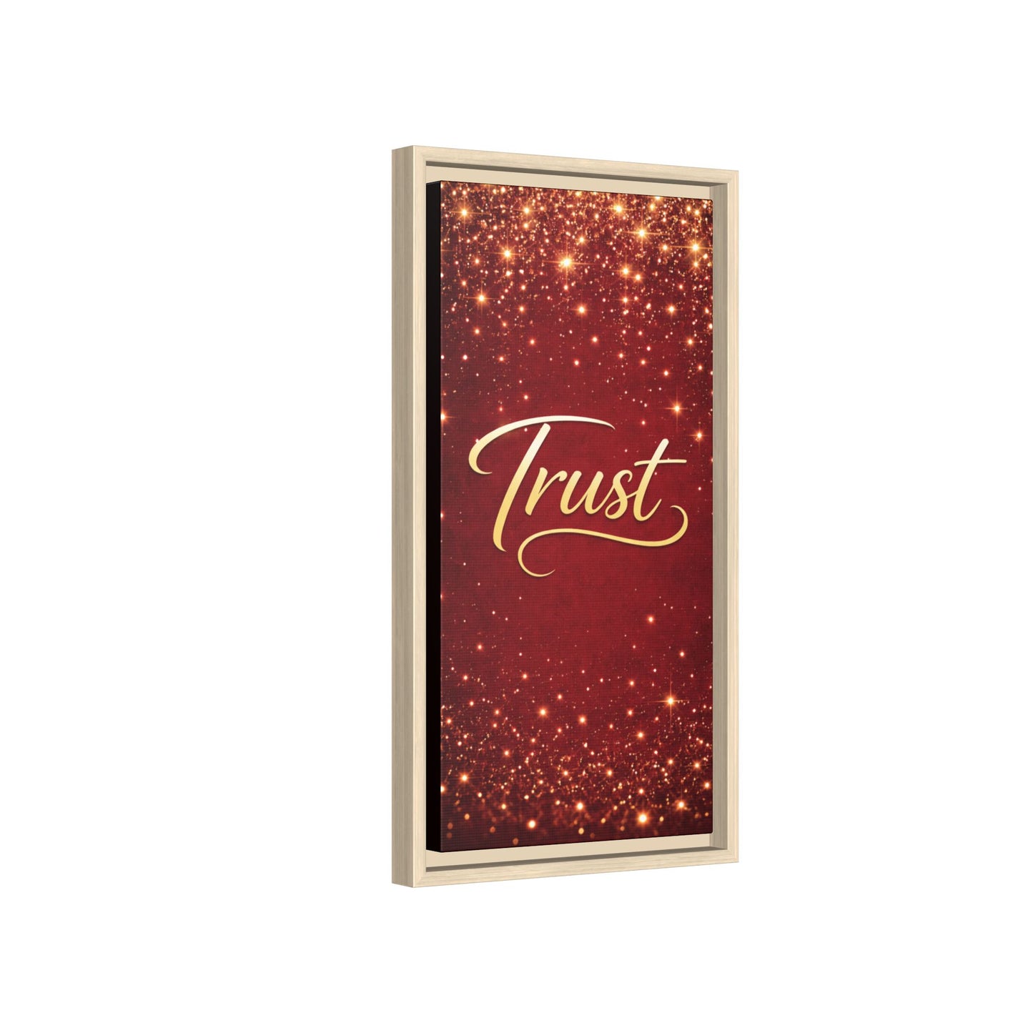 Trust Framed Canvas Wall Art — Gold Script on Sparkling Red Matte