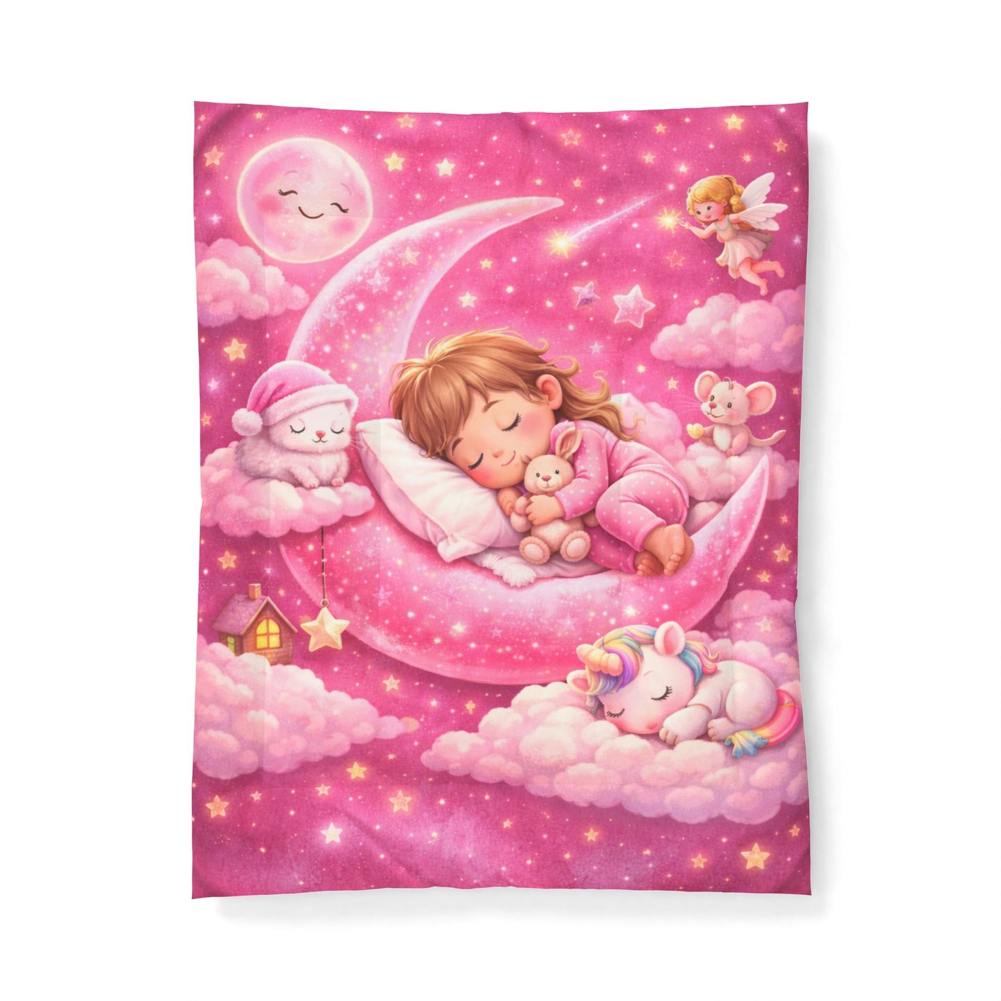 Sleeping Girl on Moon comforter | Pink Unicorn Cloud Nursery blanket