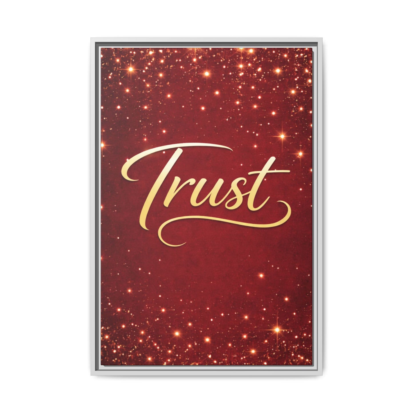 Trust Framed Canvas Wall Art — Gold Script on Sparkling Red Matte