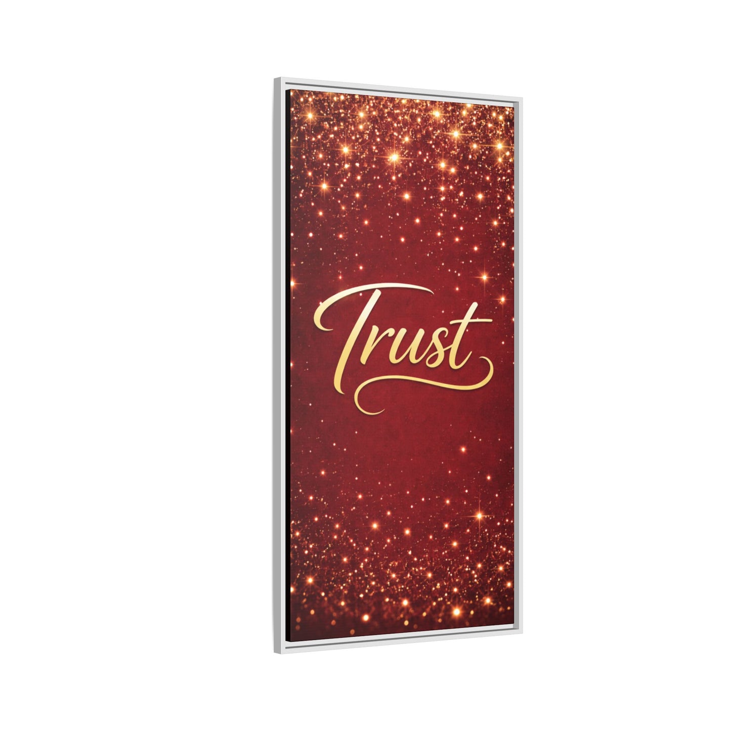 Trust Framed Canvas Wall Art — Gold Script on Sparkling Red Matte