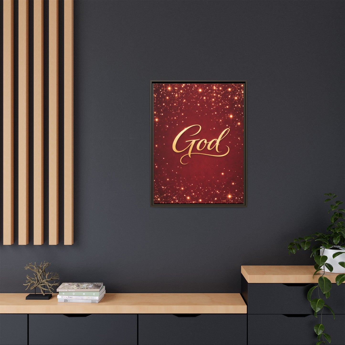 Framed Canvas Wall Art - "God" Gold Script on Red Sparkle Background