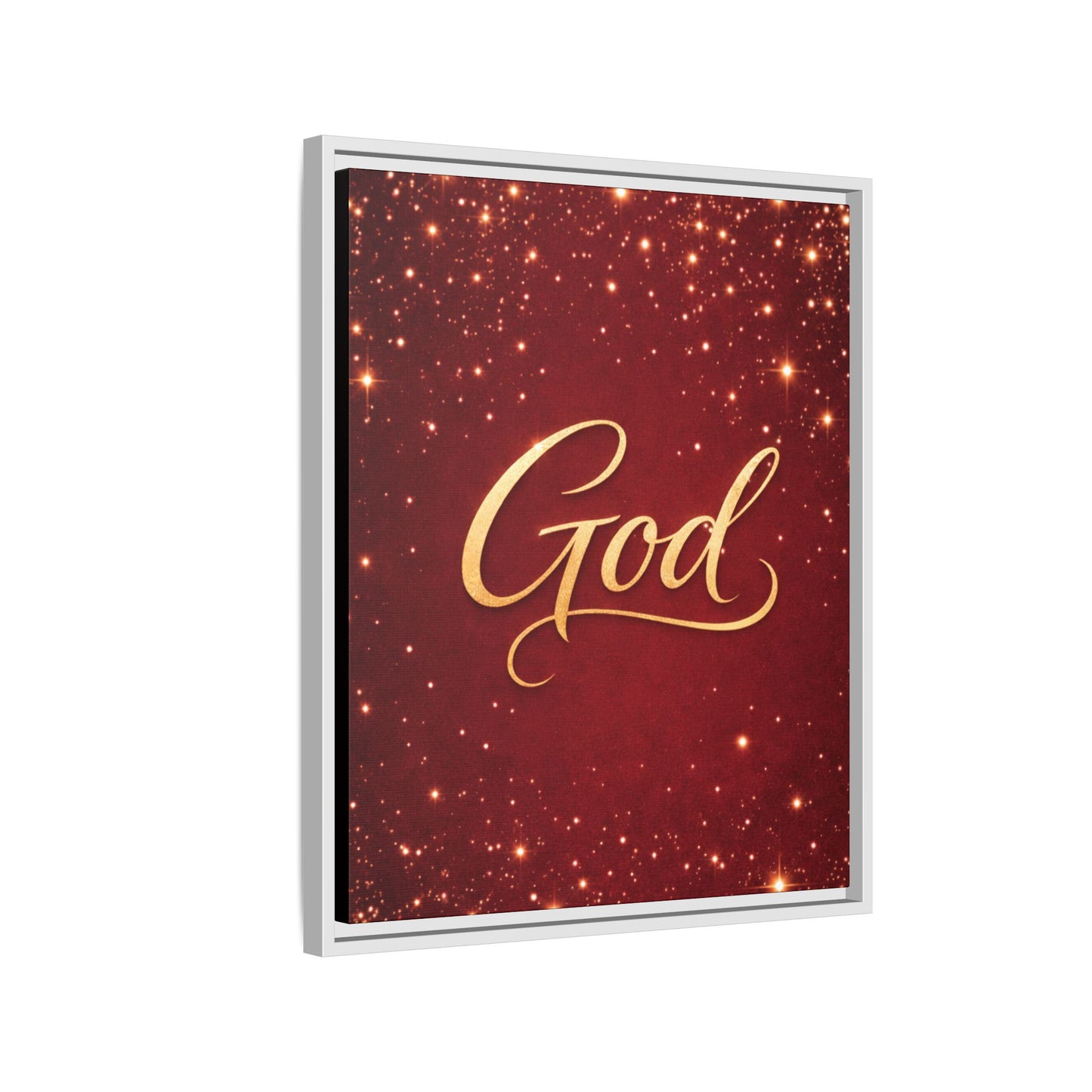 Framed Canvas Wall Art - "God" Gold Script on Red Sparkle Background