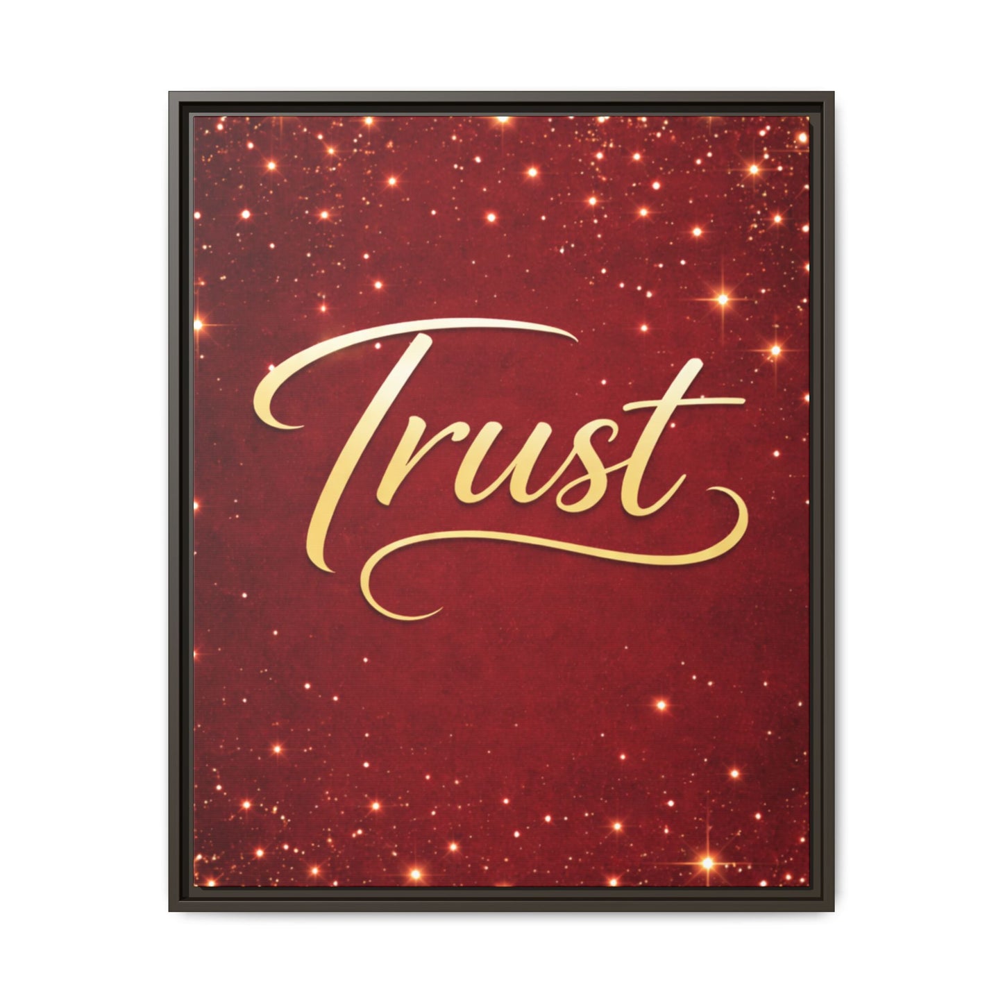 Trust Framed Canvas Wall Art — Gold Script on Sparkling Red Matte