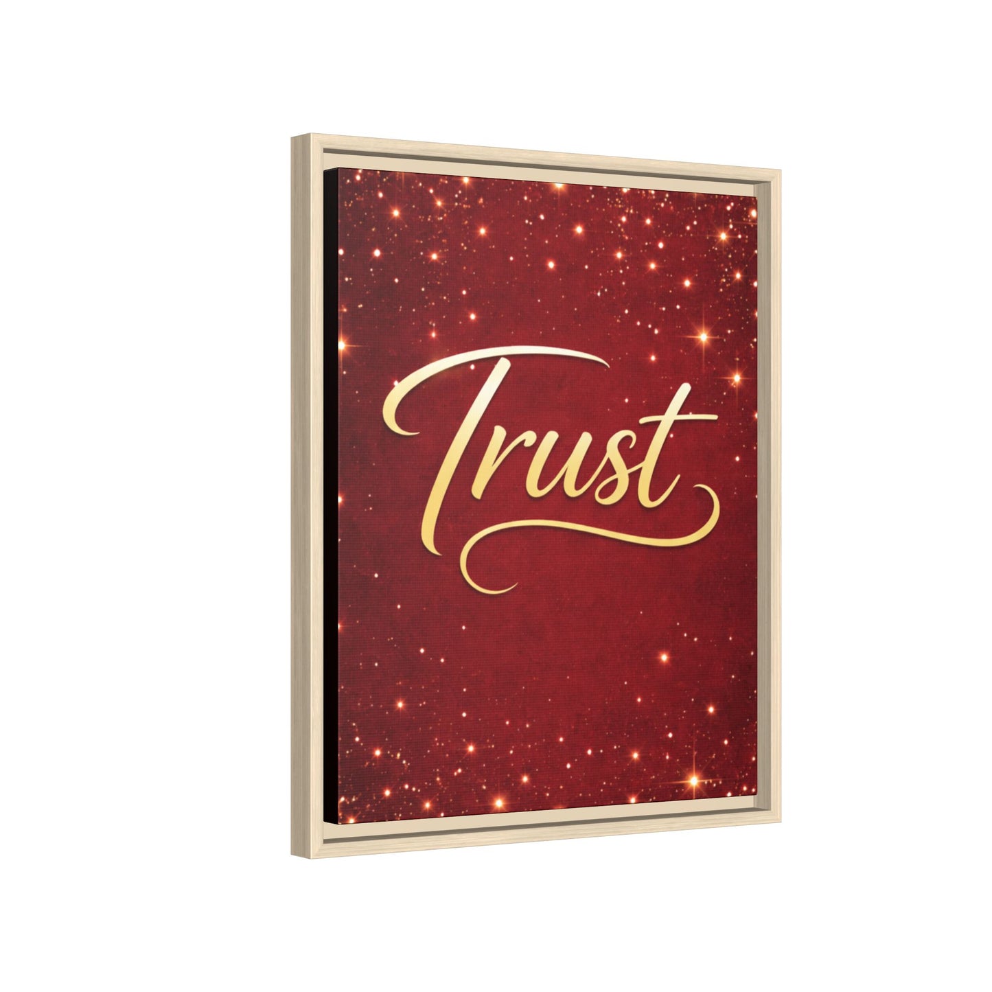 Trust Framed Canvas Wall Art — Gold Script on Sparkling Red Matte