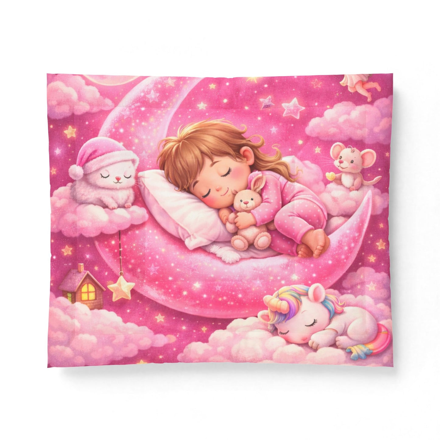 Sleeping Girl on Moon comforter | Pink Unicorn Cloud Nursery blanket