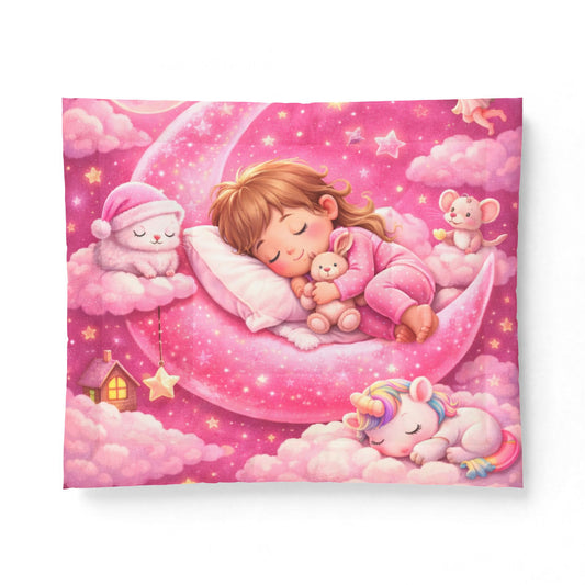 Sleeping Girl on Moon comforter | Pink Unicorn Cloud Nursery blanket