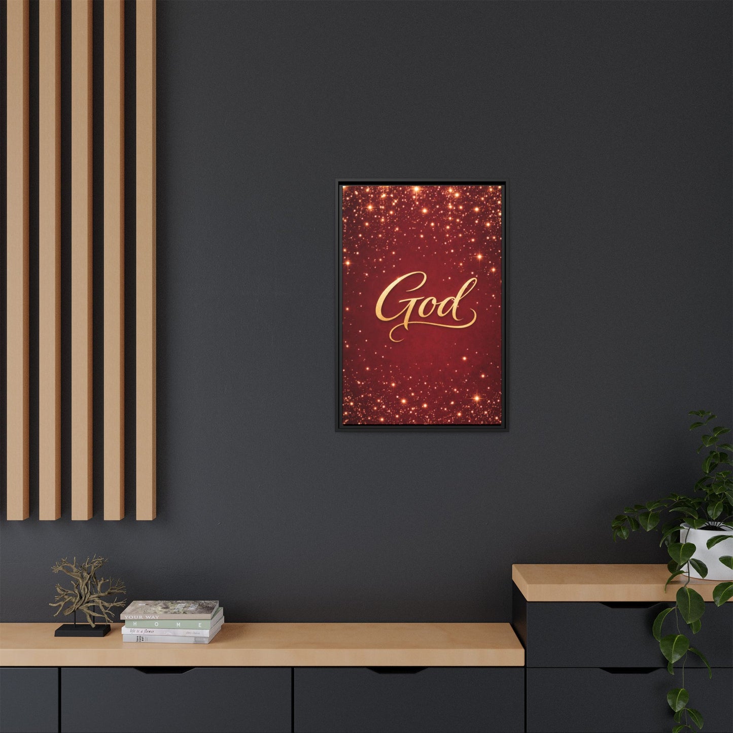 Framed Canvas Wall Art - "God" Gold Script on Red Sparkle Background