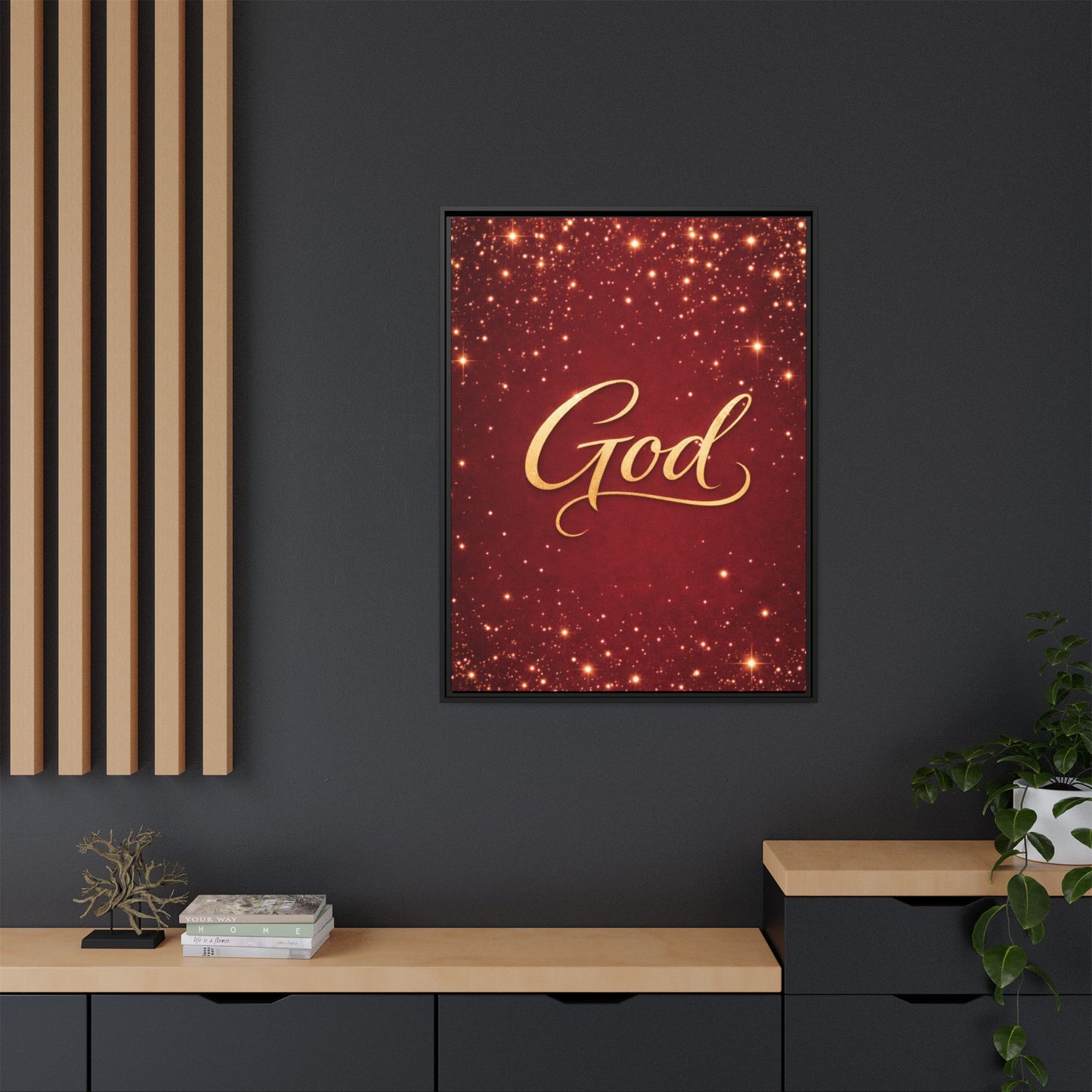 Framed Canvas Wall Art - "God" Gold Script on Red Sparkle Background