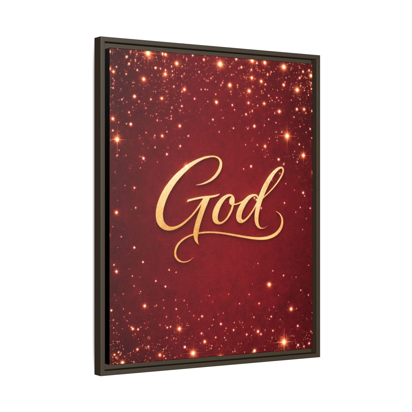 Framed Canvas Wall Art - "God" Gold Script on Red Sparkle Background