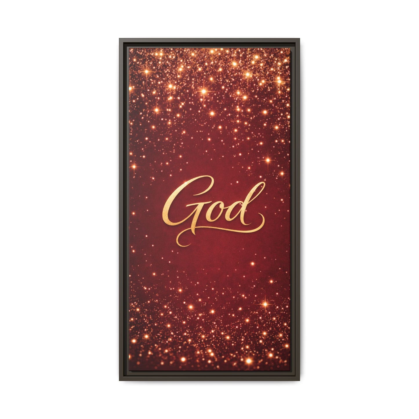 Framed Canvas Wall Art - "God" Gold Script on Red Sparkle Background